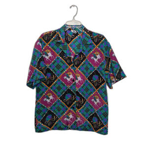 Vintage Womens Equestrian Blouse Sz M Buckles Bridles Horseback